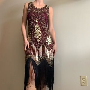 Fringe flapper dress in burgundy and gold